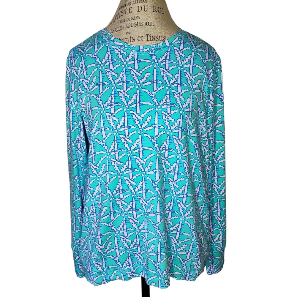 LULU B Sun Shirt Womens Large Blue Palm Tree Stretch UPF 50+ Outdoors Fishing